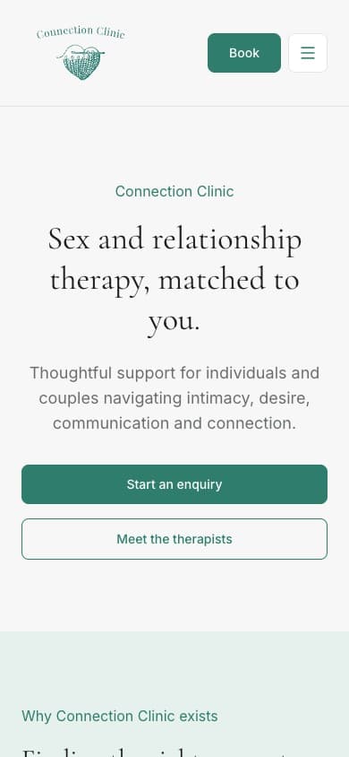 Connection Clinic website at mobile width